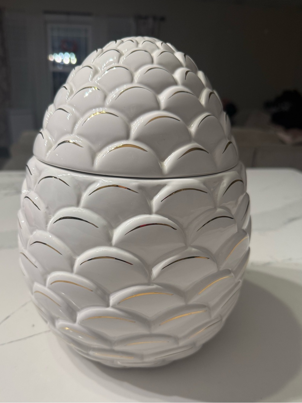 Merry & Bright Pine Cone Cookie Jar. 9” white/gold. Winter holidays